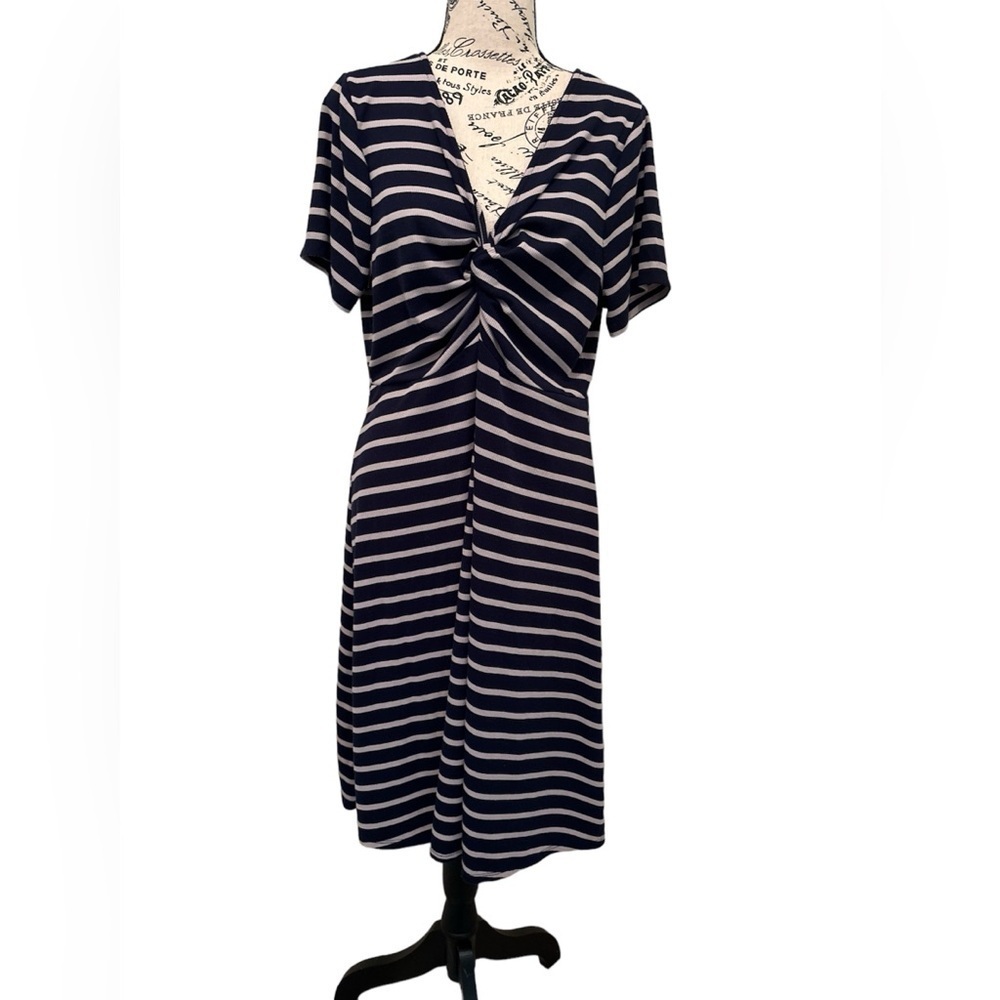 Torrid Plus Size 1 Navy Blue Taupe Tan Rib Stripe Twist Front Dress
